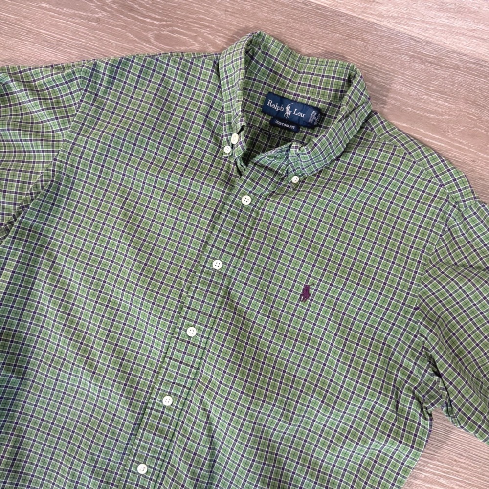 Ralph Lauren Button Down Shirt Mens L Green Plaid Custom Fit Long Sleeve Cotton